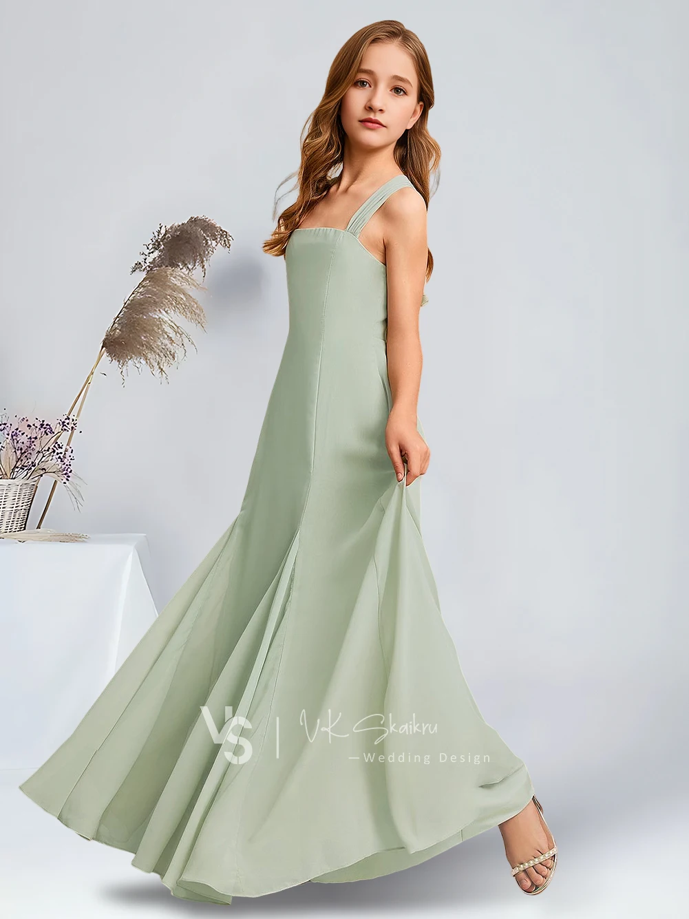 Elegante linha a quadrado até o chão chiffon júnior vestido de dama de honra celadon linda flor vestidos da menina festa de casamento criança dança