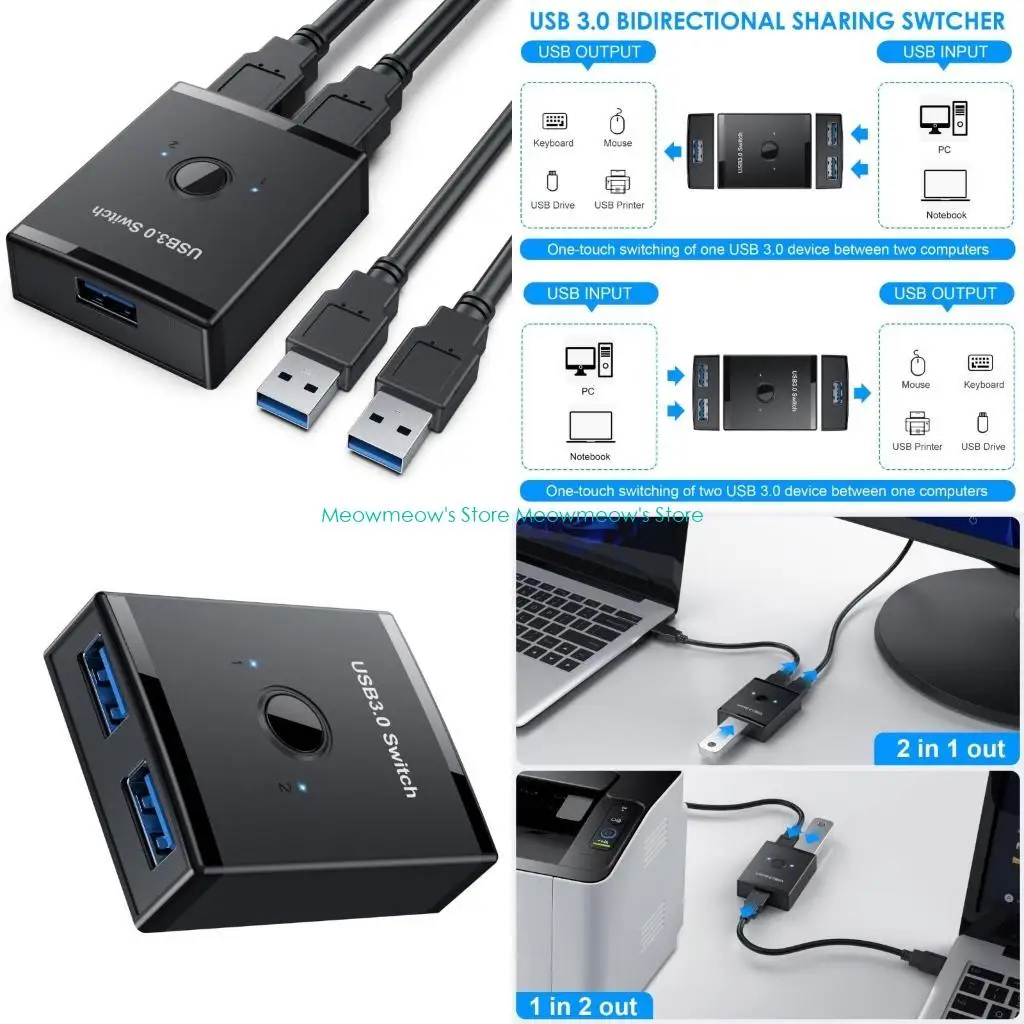 W91A USB Switcher Selector 1 Computers Sharing 2 USB Devices USB Peripherals Switcher Box Hub for Mouse Keyboards Scanner