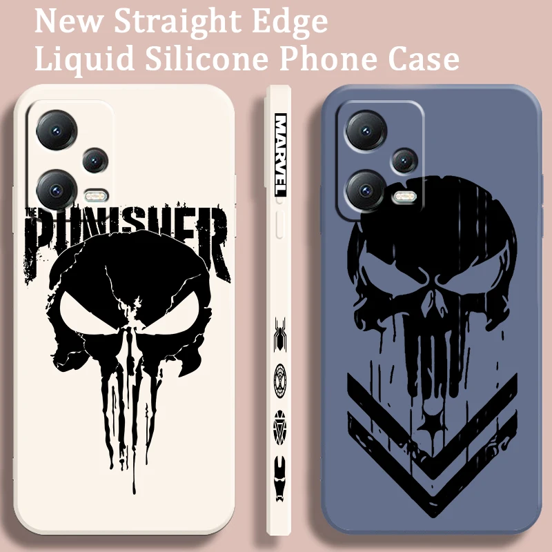 Luxury Marvel Punisher Logo Liquid Left Rope For Xiaomi Redmi Note 13 12 12S 12R 11 11T 11S 10 10S Pro Plus 5G Back Phone Case