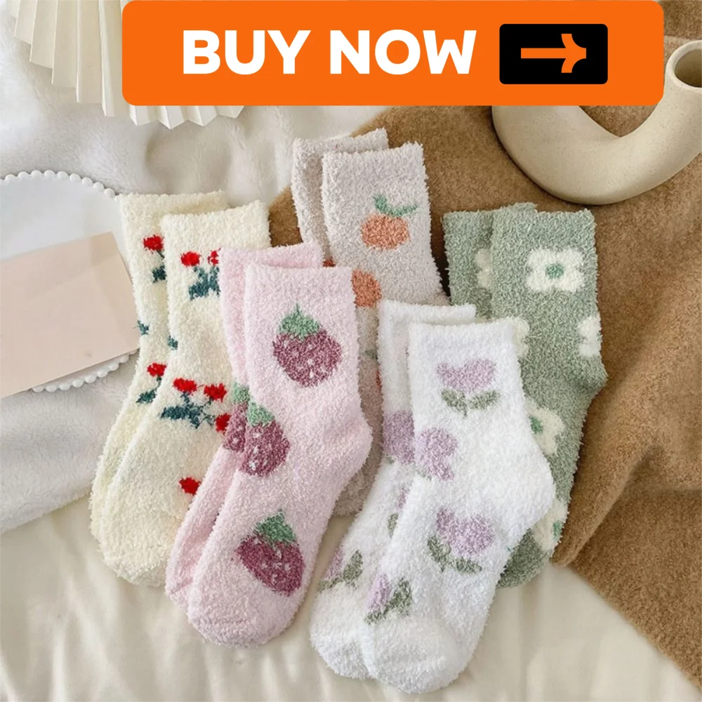 

Удобные утолщенные носки из кораллового флиса, зимние носки для сна, чулочно-носочные изделия с цветком и клубникой, теплые носки, женские зимние