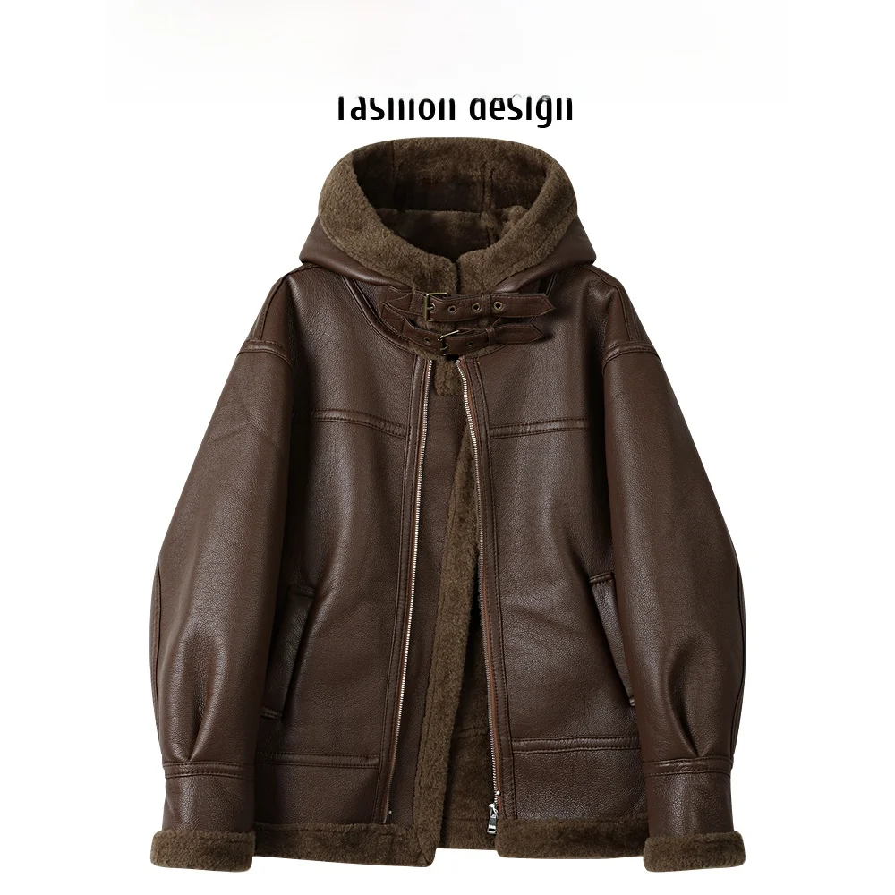 CIVICERA American Retro Biker Jaet Women's Autumn Winter Faion Fce Lined Thiened Hooded Leather Coat