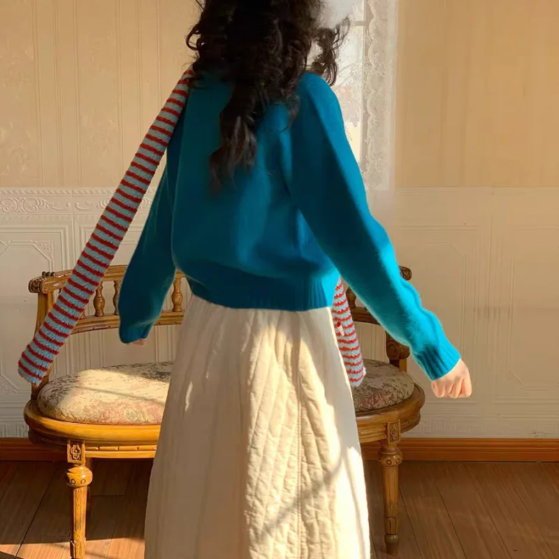 

Chinese Style Beige Cotton Diamond Skirt Women Autumn Winter New Elastic Waist Thicken Midi Skirts Casual Loose Half Skirt