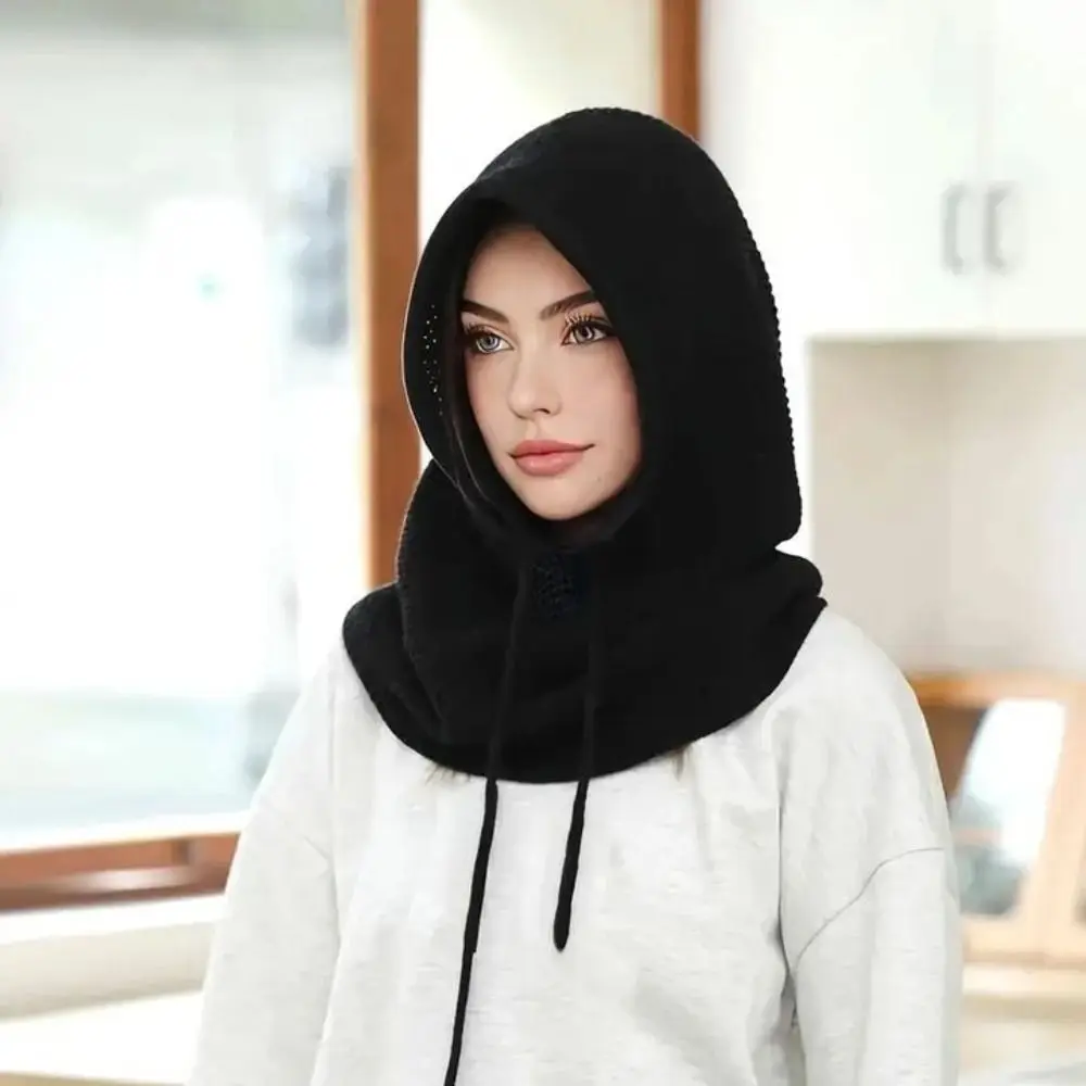 Fashion Solid Color Drawstring Balaclavas Hat Soft Warm Pullover Cap Earmuff Windproof Winter Neckerchief Riding