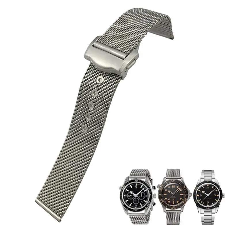 SCHIK For Omega 007 Seamster 300 Siver Metal Woven 20mm Watch Strap 316L Stainless Steel Watchbands