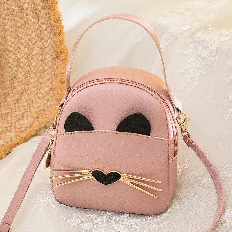 Girls Casual Shoulder Crossbody Bag Cute Cat Shoulder Small Backpack Ladies Hundred Handbag Cartoon Decoration PU Material