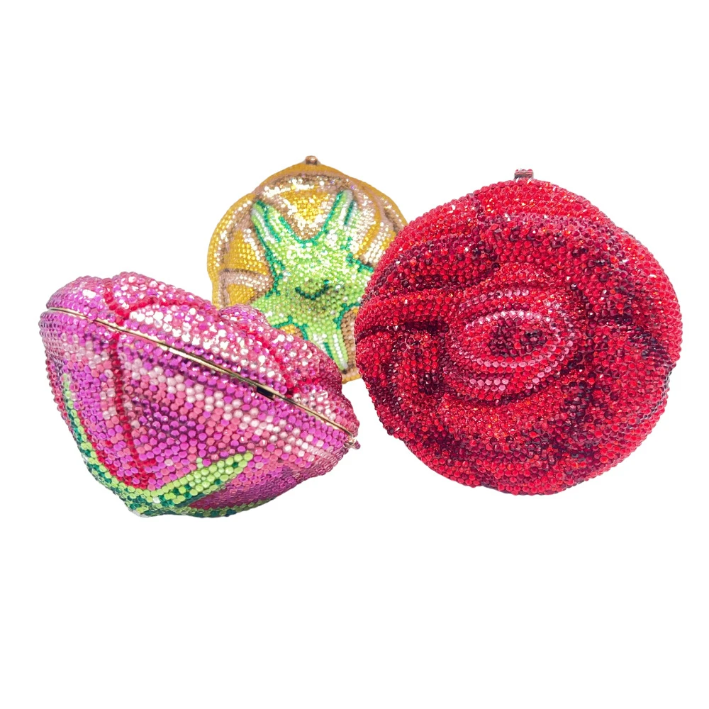 Luxury Pink Rose Flower Rhinestone Evening Bag Clutches WHTUOHENG Designer Diamond Bag Wedding Party Crystal Clutch Purse