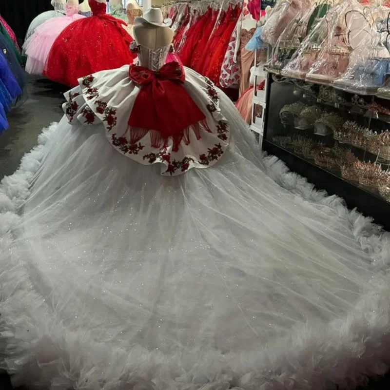 witte Quinceanera Jurk off-shoulder Kant gelaagdheid glitter decal 3D bloem Lange staart Boog vestidos de 15 Quinceanera ﻿ Aanpassen