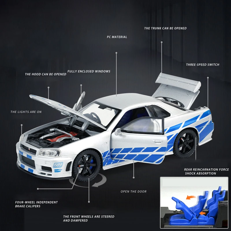 1:32 Scale GTR R34 R35 Diecast Model Sound Light Pull Back high simulation Kid Birthday Gift Collect Orname