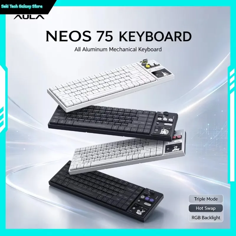 AULA Neos75 Keyboard 75 Percent Low Profile Mechanical Keyboard Full Aluminum Metal Keycaps Smart Screen Knob Tri Mode Gasket