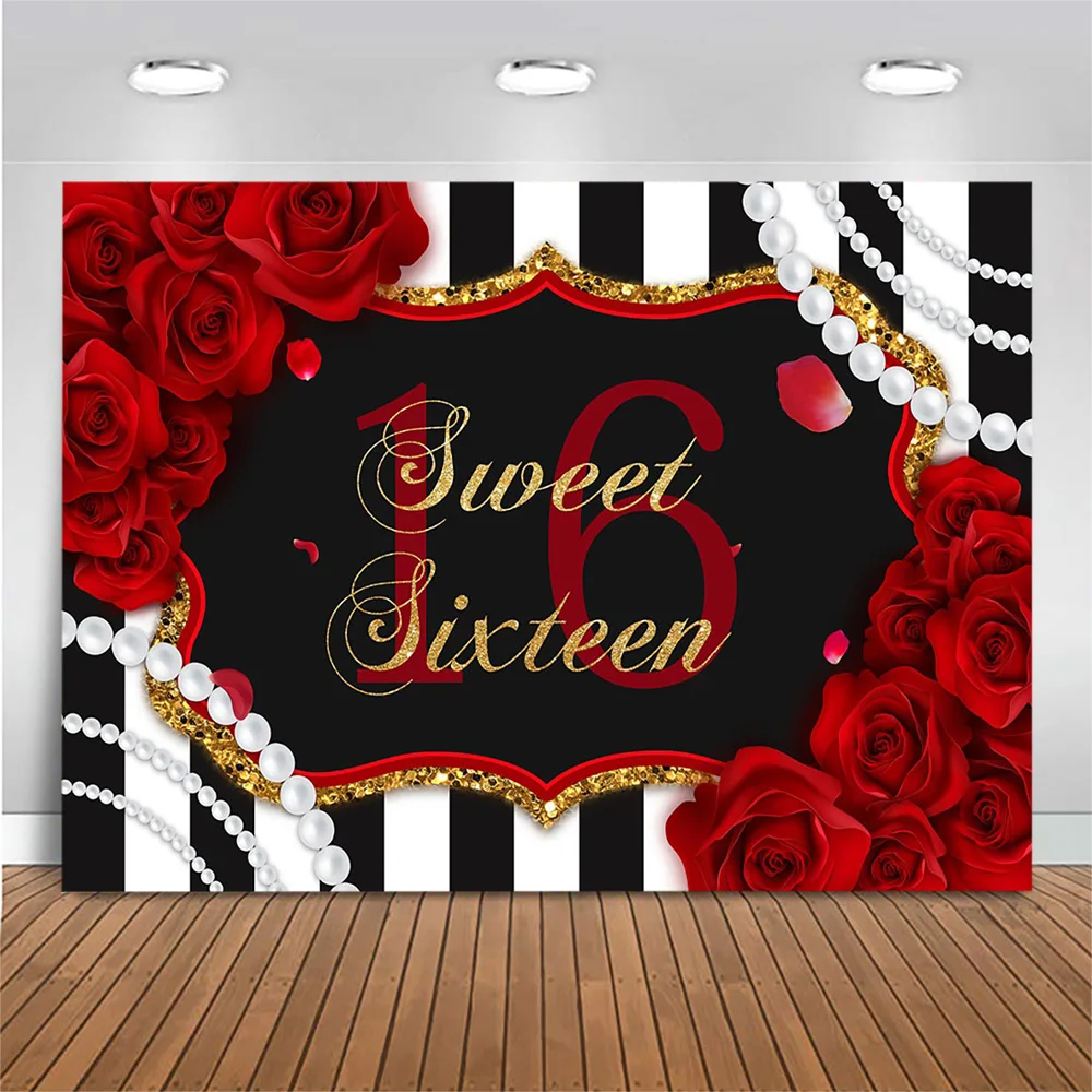 

Mocsicka Sweet Sixteen Backdrop Girl 16th Birthday Party Photo Background Red Rose Black and White Stripes Backdrops Decoration