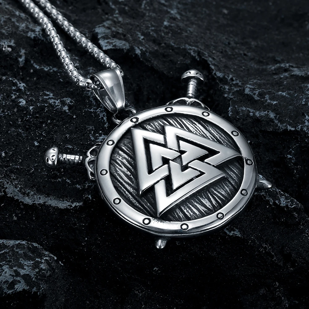 Nordic Viking Warrior Shield Pendant Necklace For Men Stainless Steel Vintage Viking Valknut Necklace Fashion Jewelry Accessorie