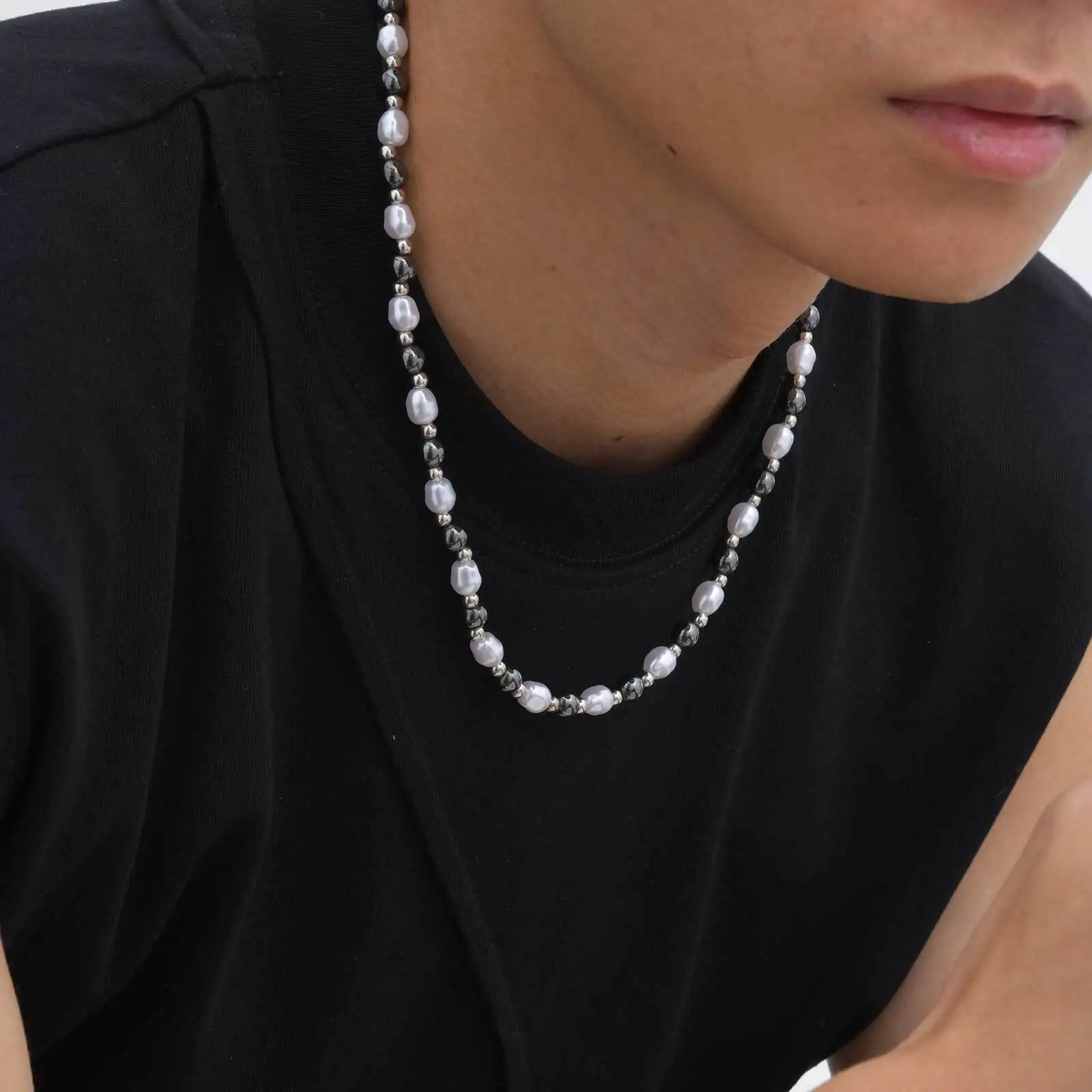 Hip Hop Pearl Necklace for Men Boys,Natural Hematite Stainless Steel Beaded Collars,Simple Jewelry Gifts