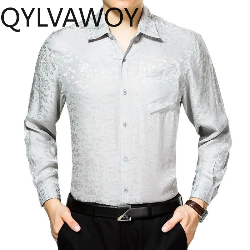 QYLVAWOY 90.8% Mulberry Silk Men's Shirts Printed Tops Spring Autumn Long Sleeve Shirt Solid Shirts for Men Menswear Clothing