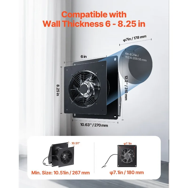 6 Inch Through The Wall Ventilation Fan 205 CFM Exhaust Fan AC Motor