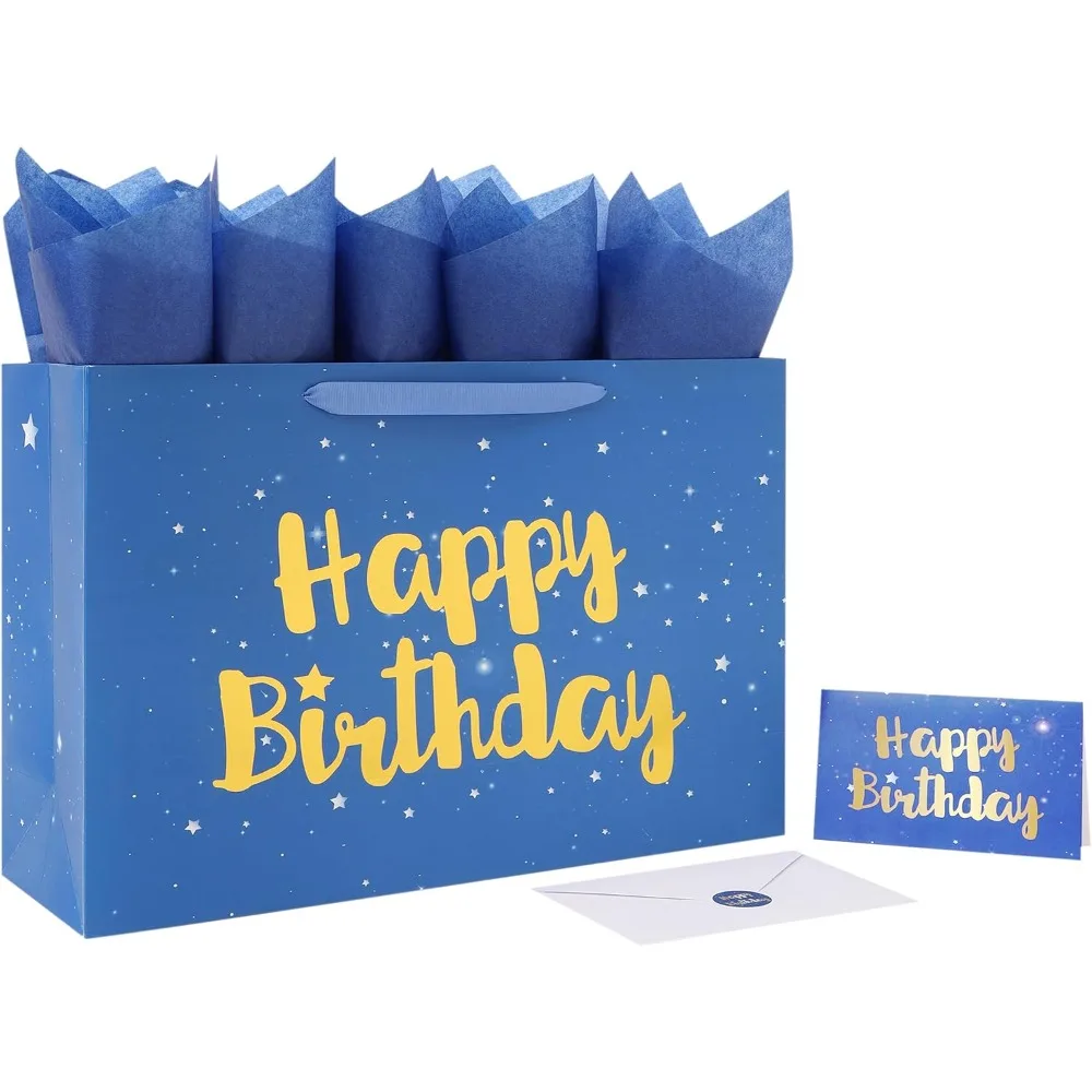 

16.5” Extra Large Blue Happy Birthday Gift Bag Set with Handles, Greeting Card, Tissue Papers and Stickers for Men Boys Kids, St