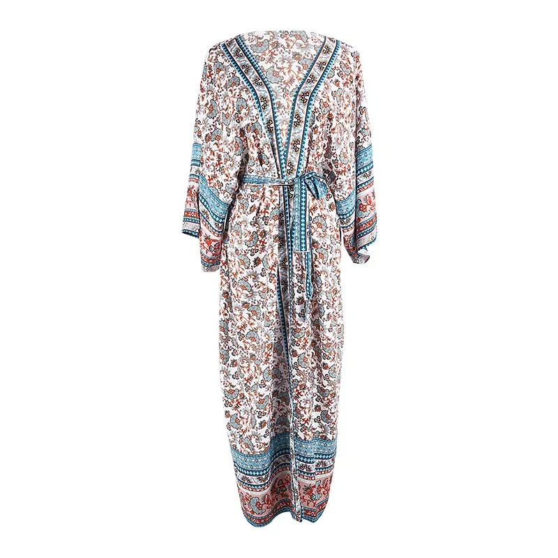 Copricostume da donna in cotone rayon stampato floreale Abito da donna Cardigan manica kimono abito bohémien spiaggia causale boho abiti estivi