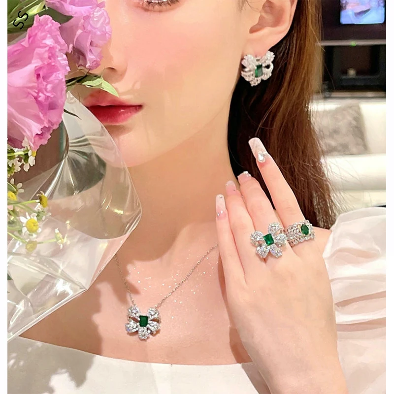 Bling Fashion Jewelry 3 Piece Sets Neckalce Earrings Open Ring Combined Colorful Gemstone White Zircon Silver Metal Chain Women