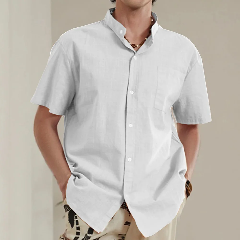

Men's Linen Shirts Summer Beachwear Button Shirt Black White Pink Green Khaki Short Sleeve Solid Color Lapel Shirt
