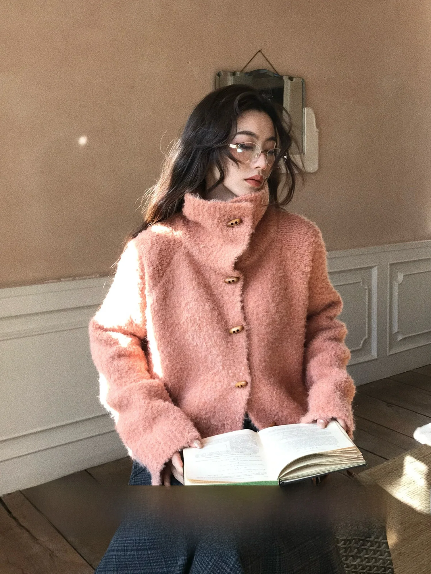 

Ретро-кардиган свободного кроя из шерстяной смеси с пуговицами из рога, теплый, утолщенный, зимний, модный, женский