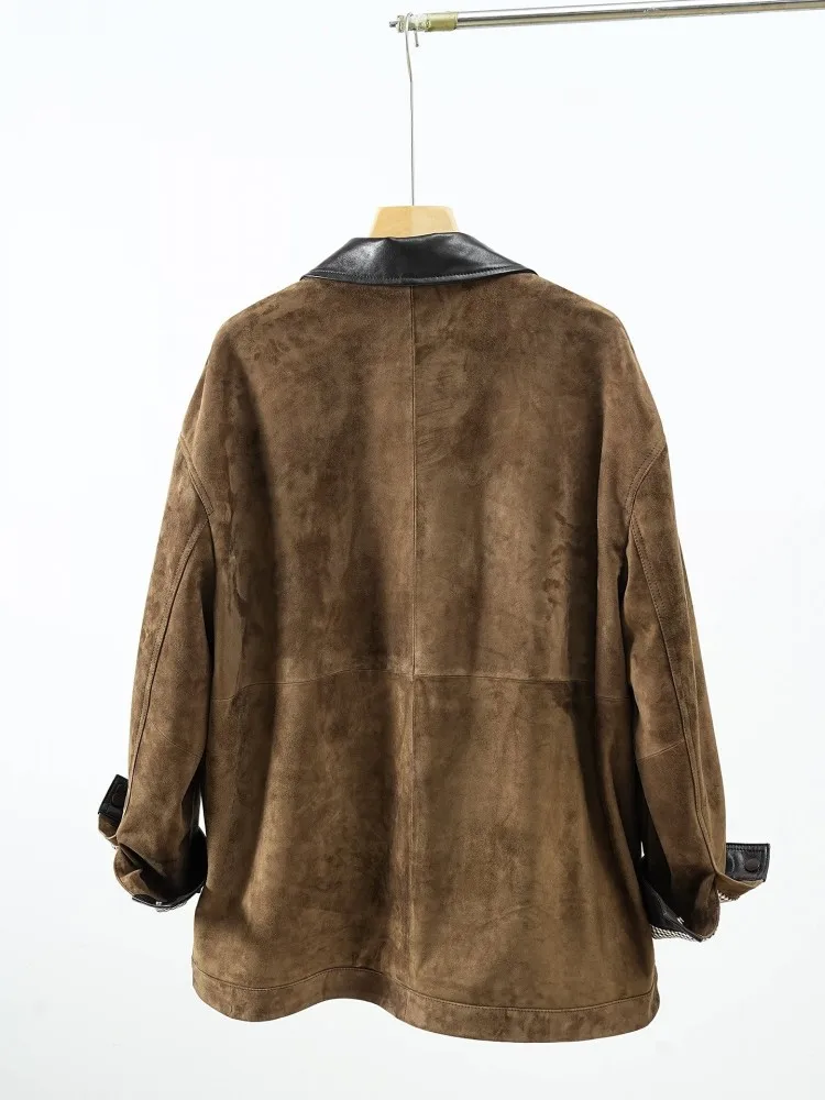 Luxury Ladies Spliced Turndown Collar Sheep Suede Jacket Loose Real Leather Coat Euro-American Style Female Motorcycle Jackets