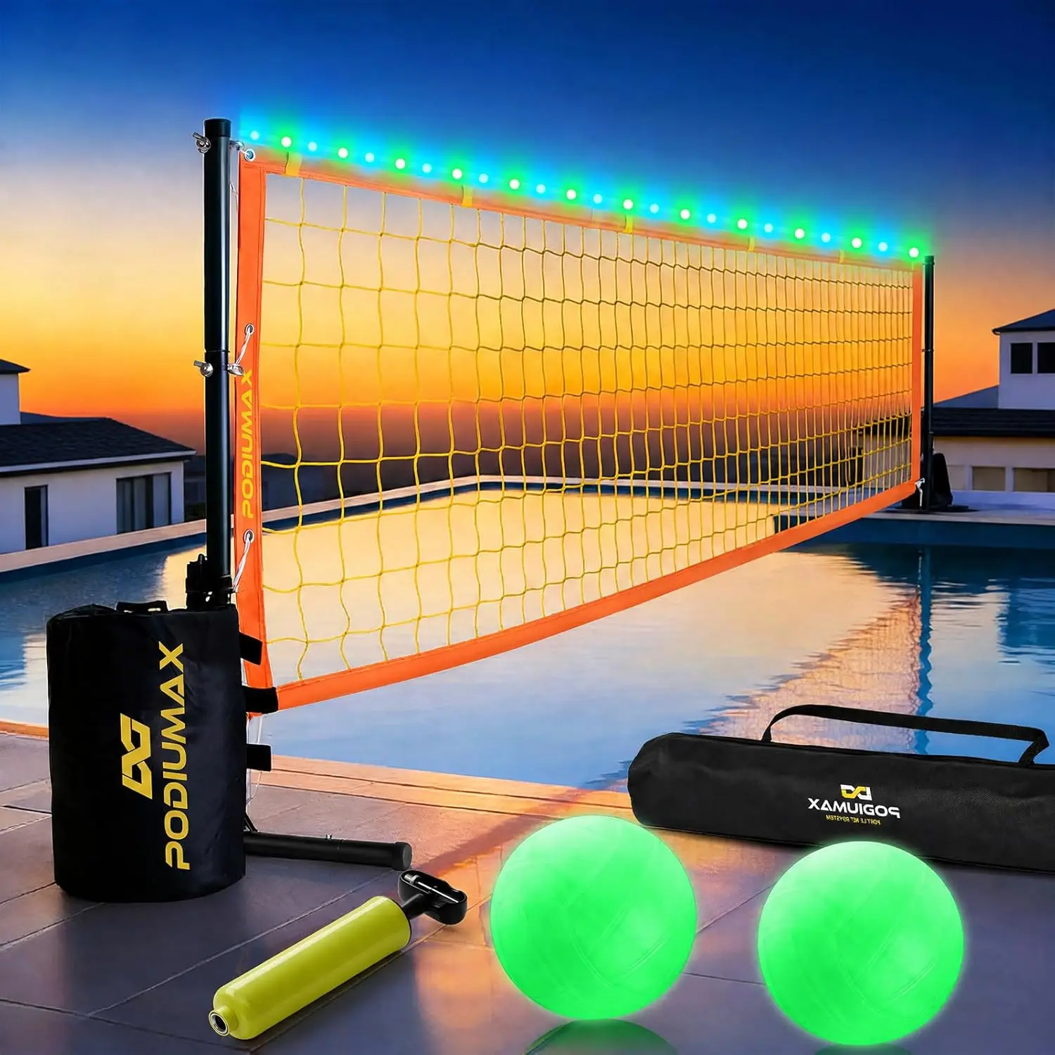 Adjustable Pool Volleyball Net for Inground Pools, 15-30 Feet, with LED Lights, Heavy-Duty Base, Includes Water Volleyball, Pump, and Carry Bag - Outdoor Family & Adult Pool Games