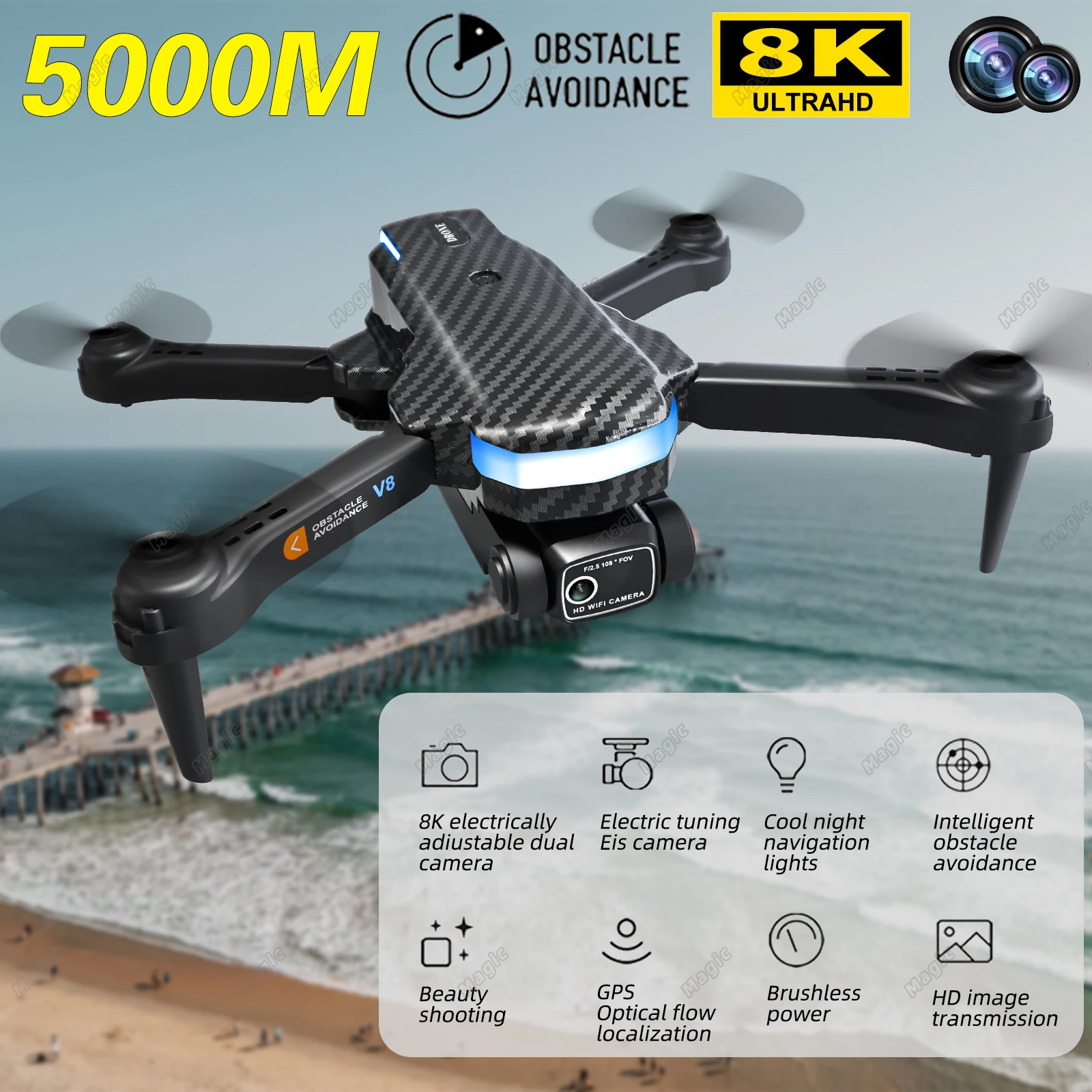 New V8 Drone Professional 8K HD Camera Mini4 Drone Three-Side Obstacle Avoidance Quadcopter Optical Flow Positioning Remote Cont