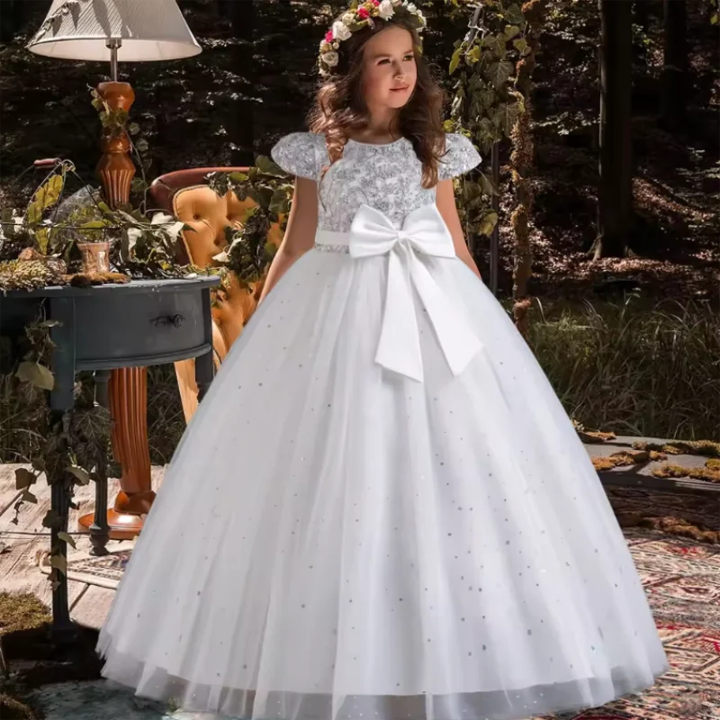 

Luxury Princess Dresses For Flower Girls Bow Sequins Long Gown For Kids Wedding Prom Bridesmaid Birthday Party Puffy Dress