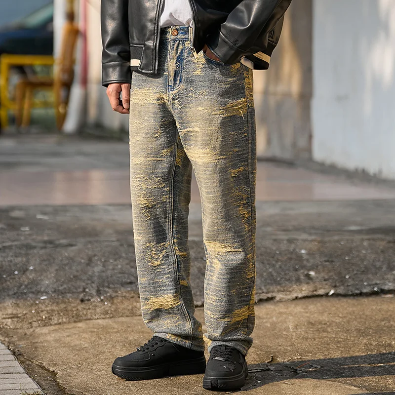 

Autumn/Winter American Retro Washed Denim Jeans for Men High Quality Jacquard Casual Loose Straight-Leg Lounge Pants Streetwear