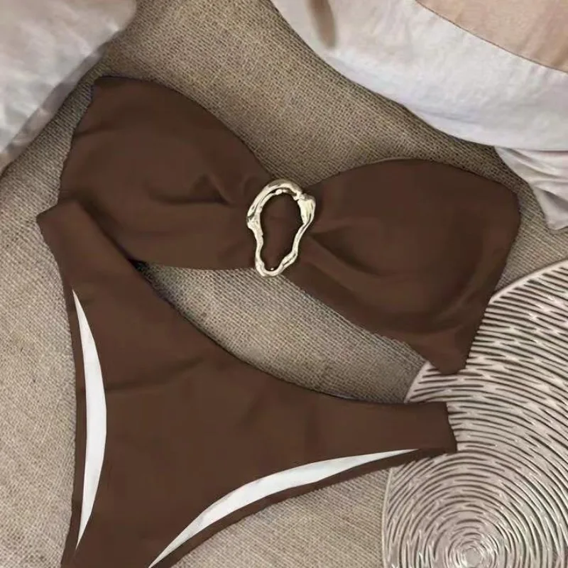 2026 Women Strapless Bikinis Summer Push Up Swimwear Two Pieces Suits Female Sexy Swimsuits Solid Color Lady Backless Beachwear