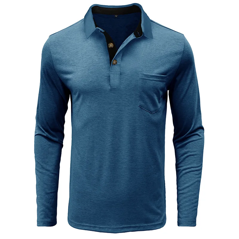 Frühling Trend männer Langarm Casual T-shirt Solide Revers Button Up Pullover Tops Herbst Drehen Unten Kragen Bodenbildung Polo-Shirt – Detail 33