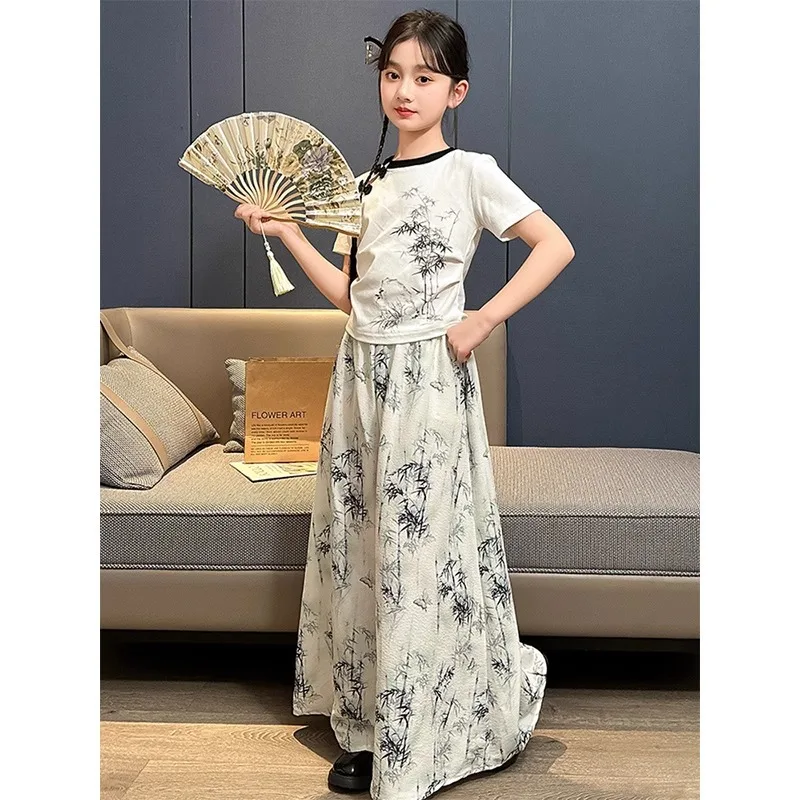 Girls Suits Summer New Chinese Two-piece Set Plate Buckle 2024 Summer New Fashion Short-sleeved Korean Simple Style Clothes