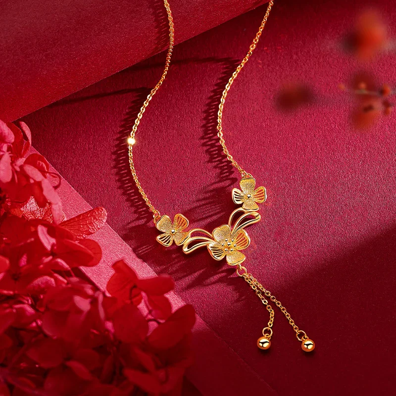 

9999 Real Gold 24K Golden Girl Long Flower Clavicle Necklace Premium Wedding Osmanthus Flower Set Chain