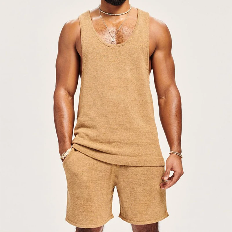 

Daily Casual Knitted Two Piece Sets Men Fashion Pure Color Sleeveless Knitting Vest And Shorts Mens Outfits Summer Leisure Suits