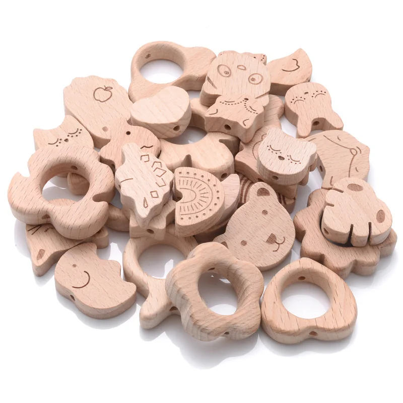 10Pcs Beech Beads Heart Butterfly Rainbow Elephant Flower Animal Wooden Beads for Bbay Chew Teether Beads Pacifier Clips Chain