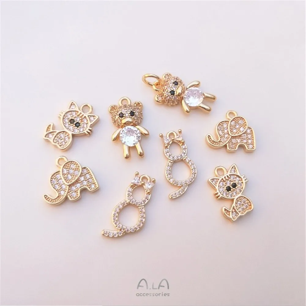 

Color Preservation 14K Gold Cute Zircon Bear Elephant Kitten Pendant Diy Bracelet Earrings Pendant Accessories