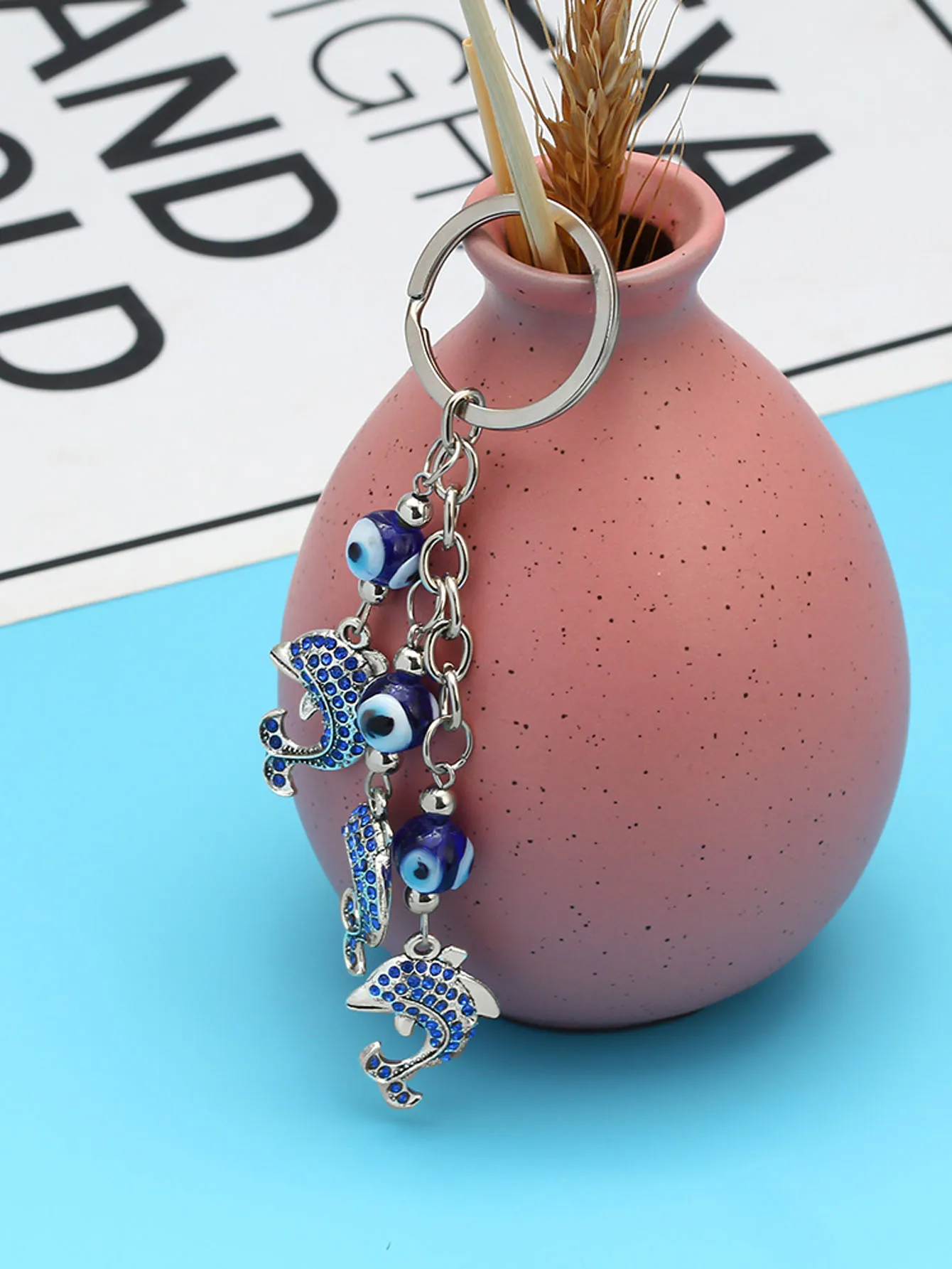 Lucky Eye Alloy Dolphin Keychain Blue Turkish Evil Evil Eye Bead Key Chain Holder Bag Car Keyring llavero porte clé מחזיק מפתחות