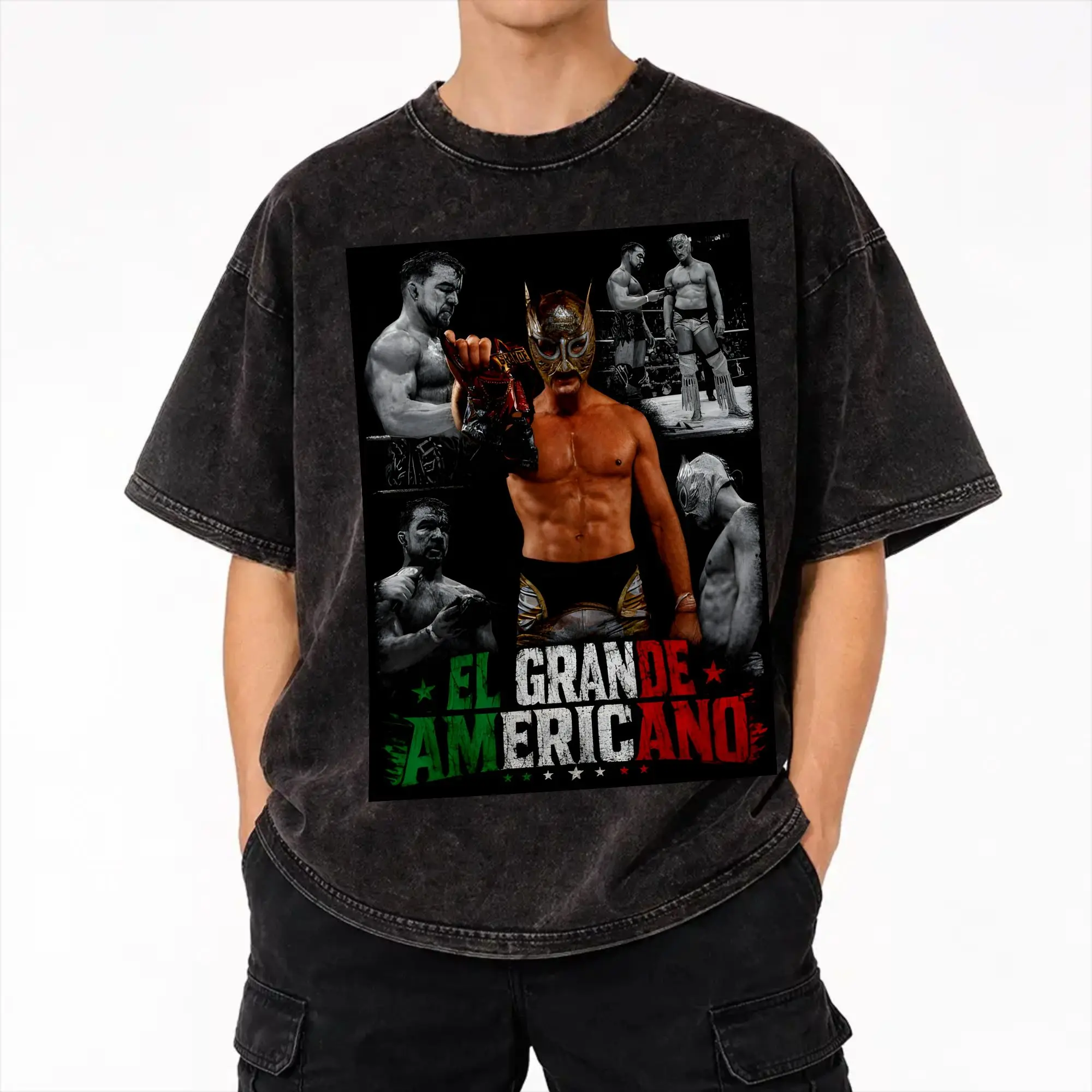 El Grande Americano Pro Wrestling  Washed T Shirts Streetwear Hip Hop Retro T-Shirt  Tees Tops Men Women Short Sleeve Harajuku
