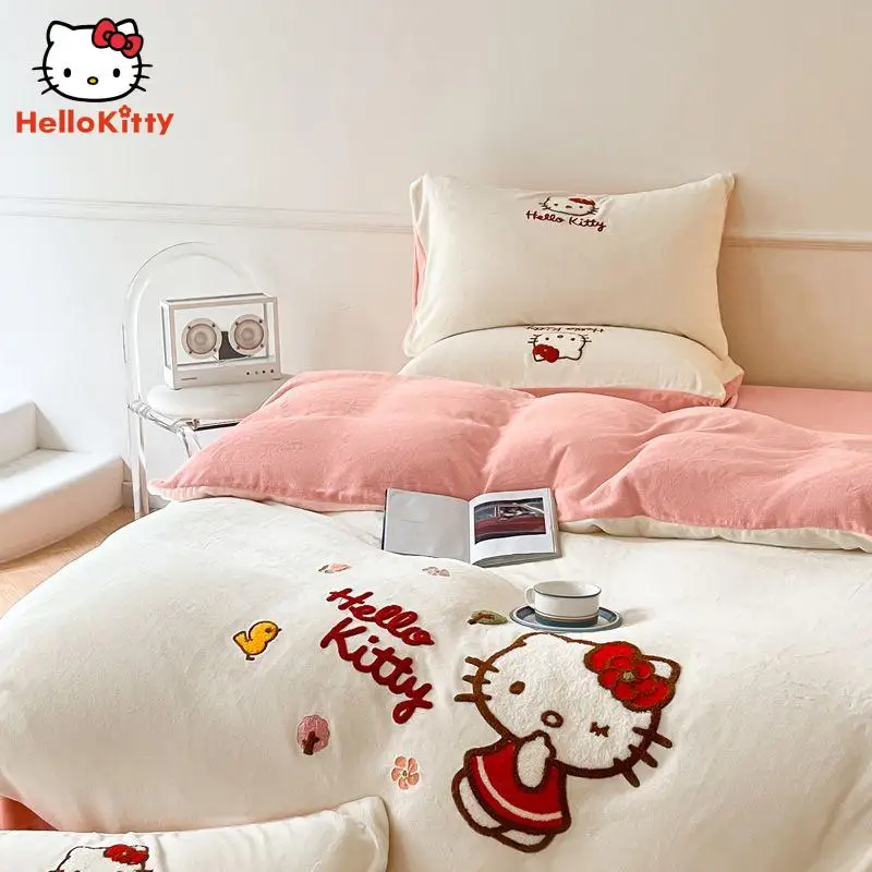 Hello Kitty Cat Milk Velvet Bed Sheet Four-Piece Winter Duvet Cover Plus Pile Double-Sided Fleece Student Bed Three-Piece Set