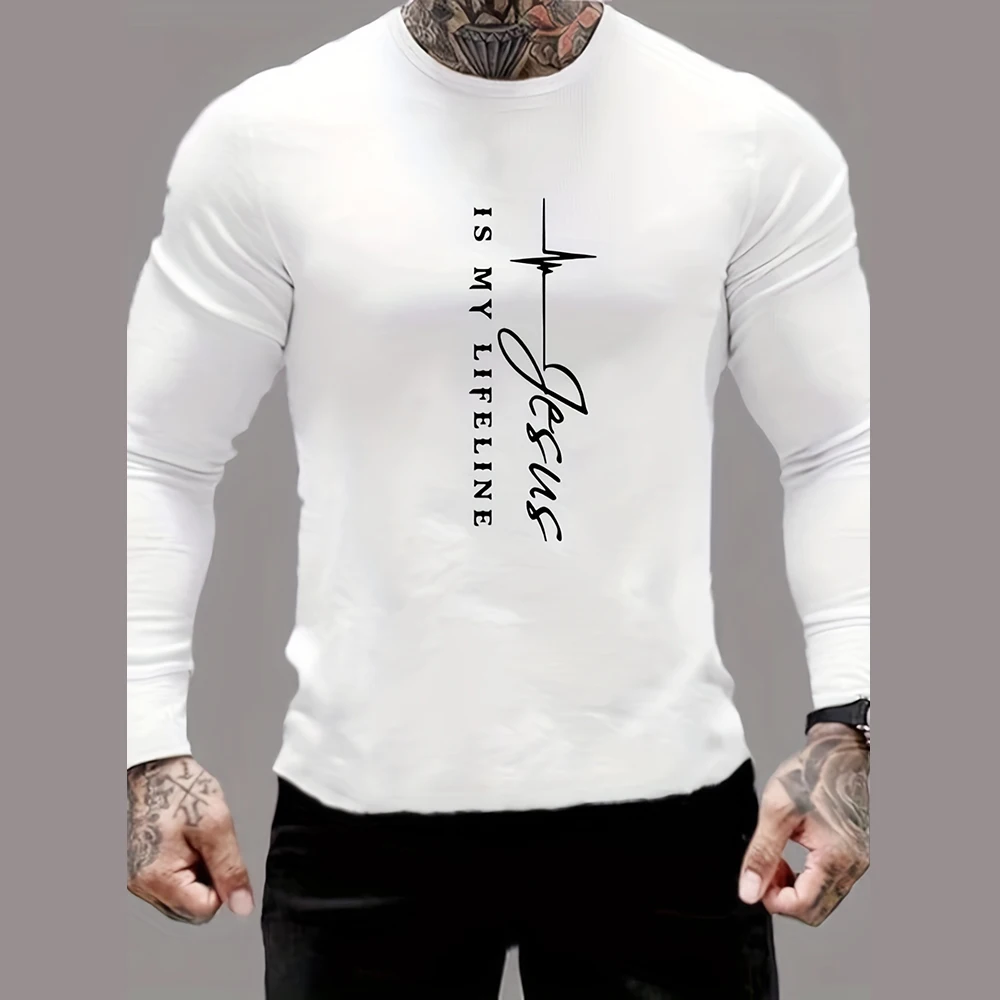 Camiseta com padrão de letra cruzada masculina, casual com decote em O, camiseta de manga comprida, tops soltos de algodão, roupas masculinas, moda