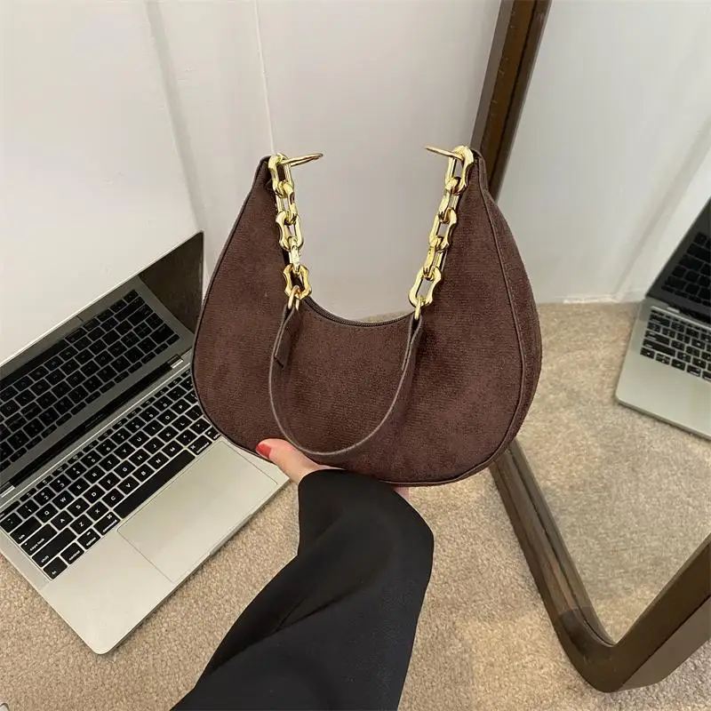 Khaki New Fashion Chain Personality Trend Single Armpit Hundred With Crescent Moon Bag For Women