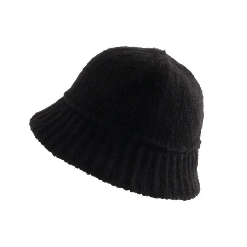 KPOP Knitted Woolen Hat Slimming Fisherman Hat Black Shaggy Bucket Hat Autumn Winter Solid Color Couple Hat