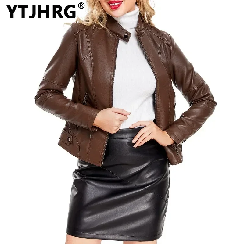 YTJHRG Women\'s Jackets Female Clothing Coats Leather Ladies Autumn Winter Long Sleeve Stand Collar PU Ride Tops Zipper 2024 New