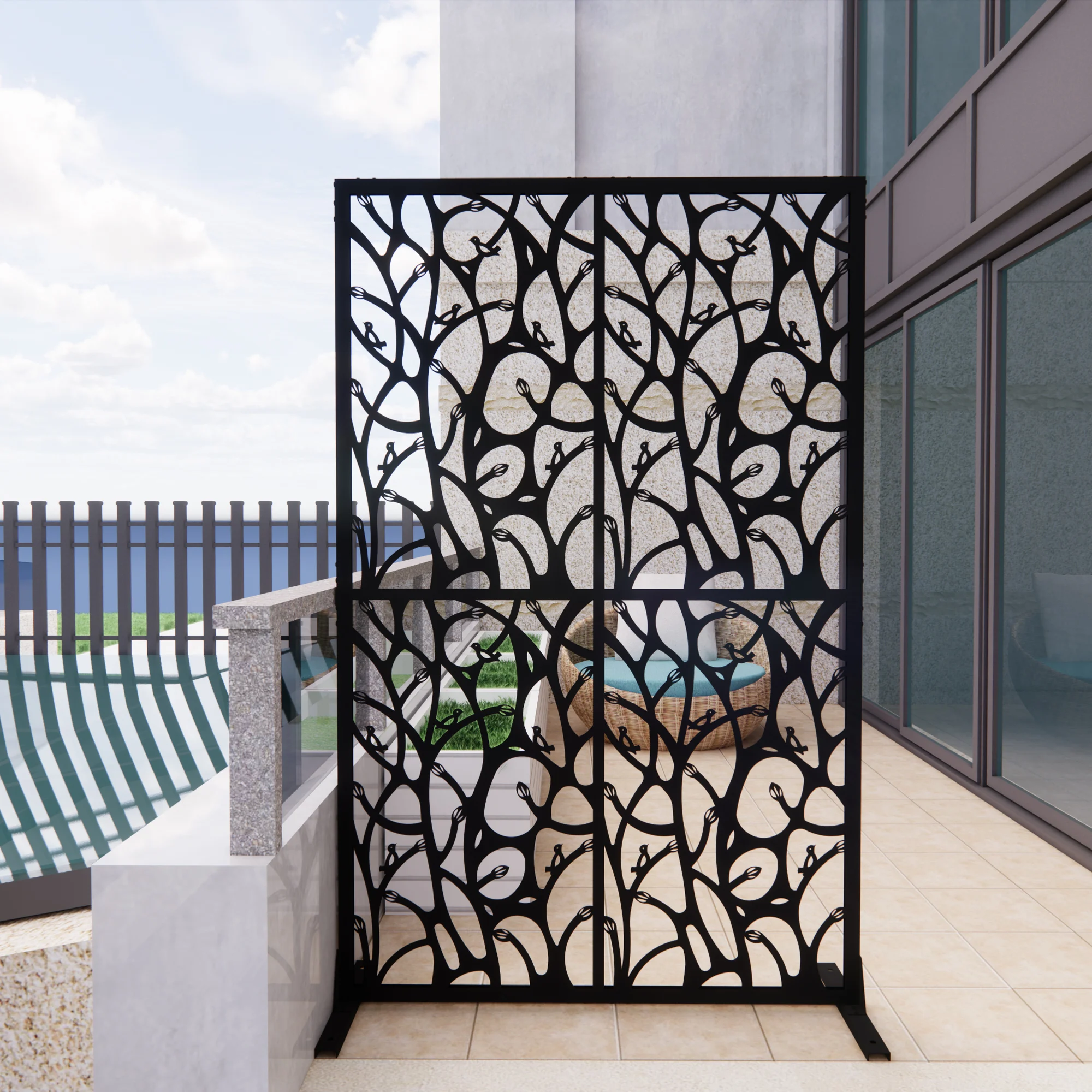 3.8 x 6 Ft Metal Privacy Screen, Free Standing Bird Shape Room Divider, Decorative Patio & Garden Partition, Black