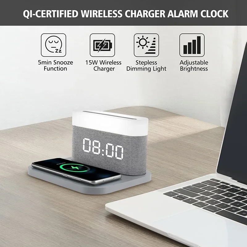 Wireless Charge with Digital Alarm Clock LED 3 Gear Adjustment Night Light 15W Touch Bedside Lamp Adjustable Brightness Bedroom