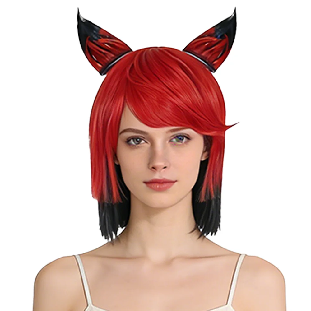 Alastor Cosplay Wig Red Black Ombre Short Bob Wig With Detachable Ears Heat Resistant Synthetic Hair For Women Halloween Party