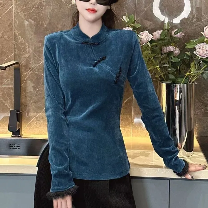 Chinese Style Retro Casual Asymmetric Solid Color Button Stand Collar Long Sleeved Shirt Women's Autumn Sweet Chic Split Tops