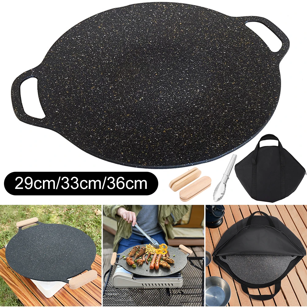 Non-Stick Grill Induction Cooker with Storage Bag & Wooden Handle & Food Clip Outdoor Barbecue Plate for Camping Hiking Supplies