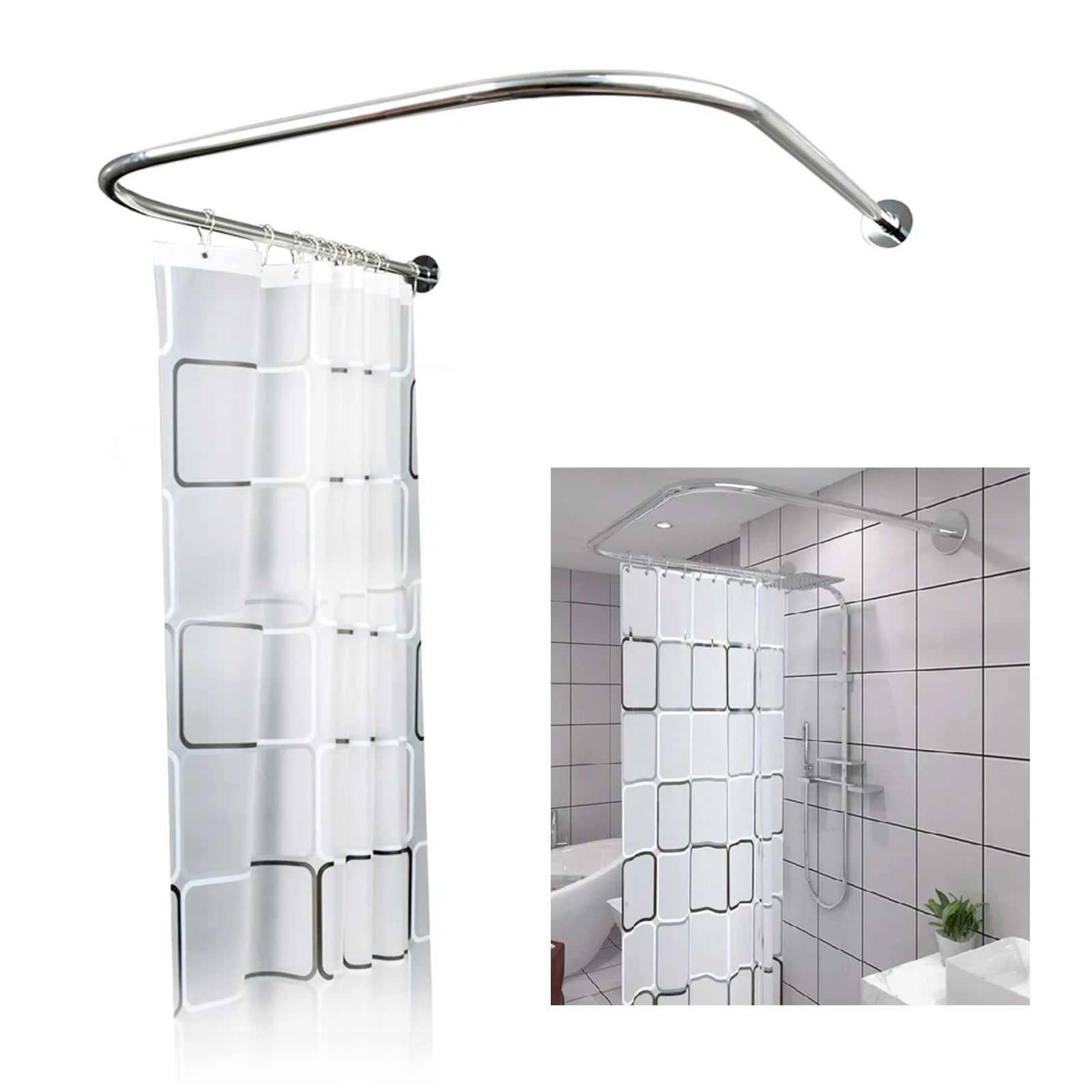 Stainless Curved Corner Shower Curtain Rod Set,Stainless U Shaped Bathroom Bathtub Corner Shower Curtain Rod Rack W/Curtain