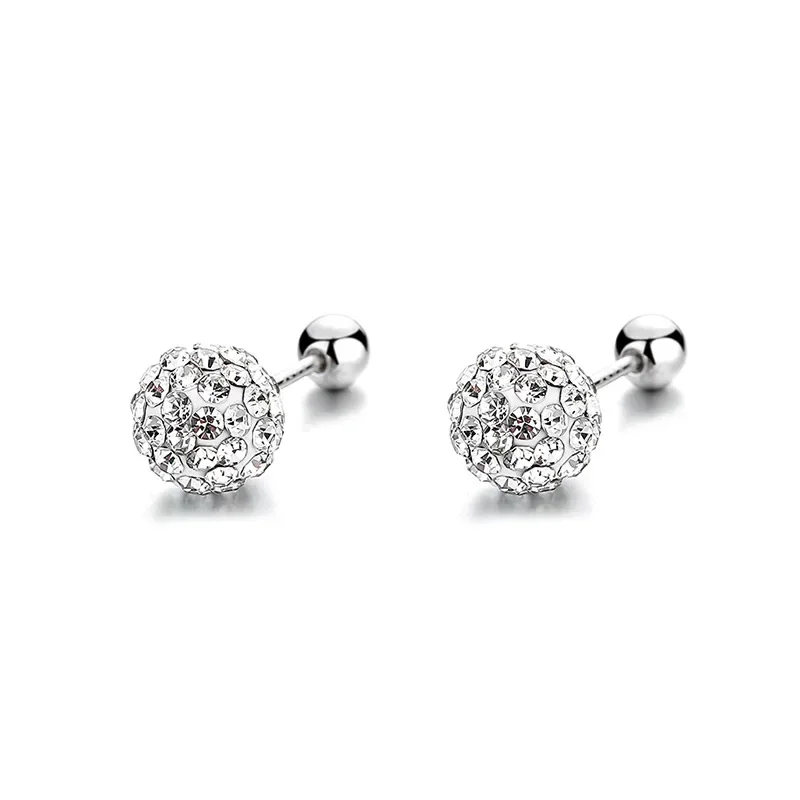 925 Sterling Silver 4mm/6mm/8mm Crystal Beads Ball Thread Stud Earrings For Women Kids Wedding Party Jewelry Gift Pendientes