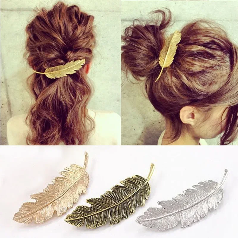 Hair Clips Fashion Chic Metal Leaf Shape Feather Hair Clips Claws Barrettes Feather Hairpin Hair Styling Tools Hairs Accessories